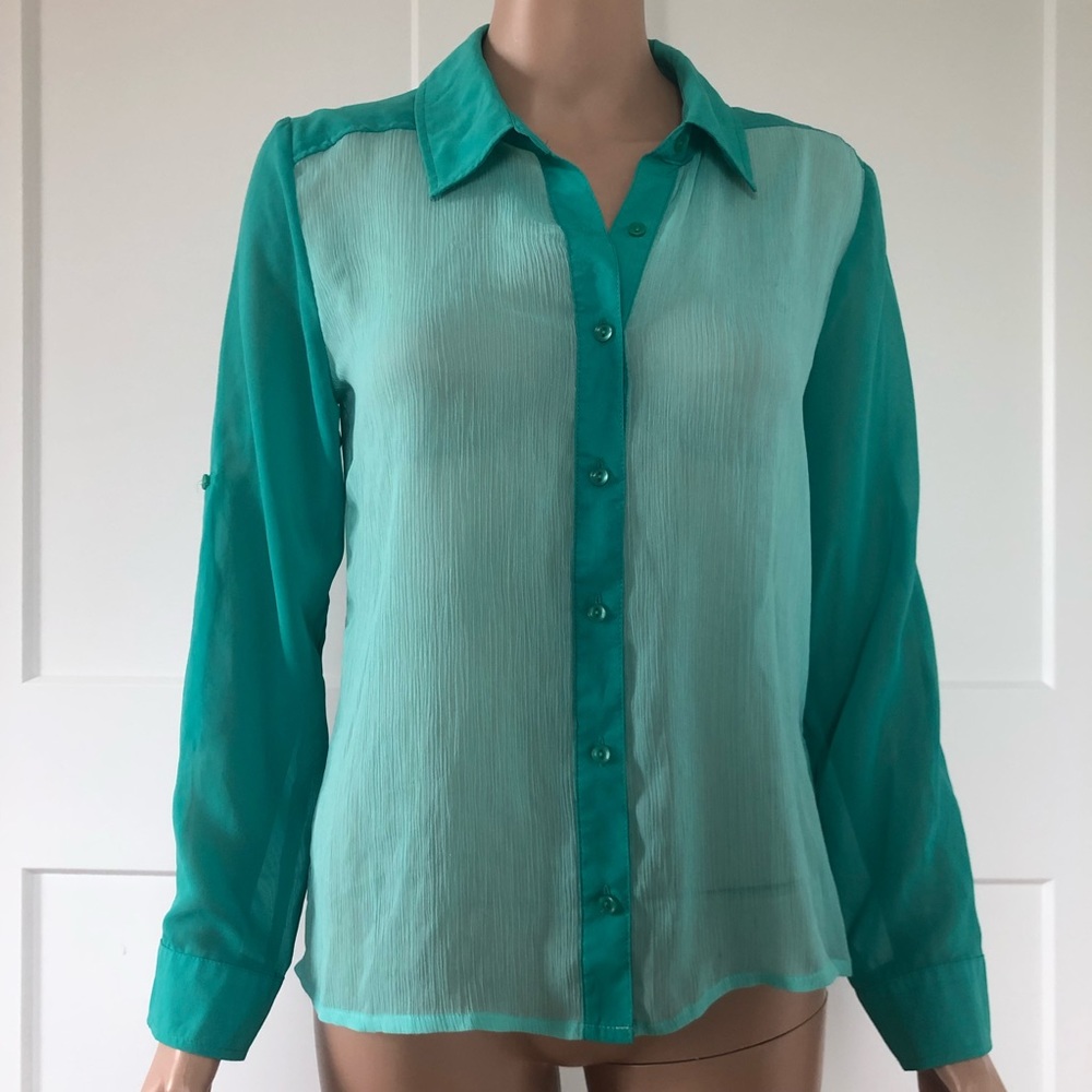 Bongo Teal Green Sheer Keyhole Blouse Convertible Sleeves Top Small